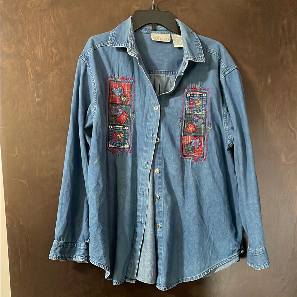 Embroidered and patchwork Denim Button-Up Shirt